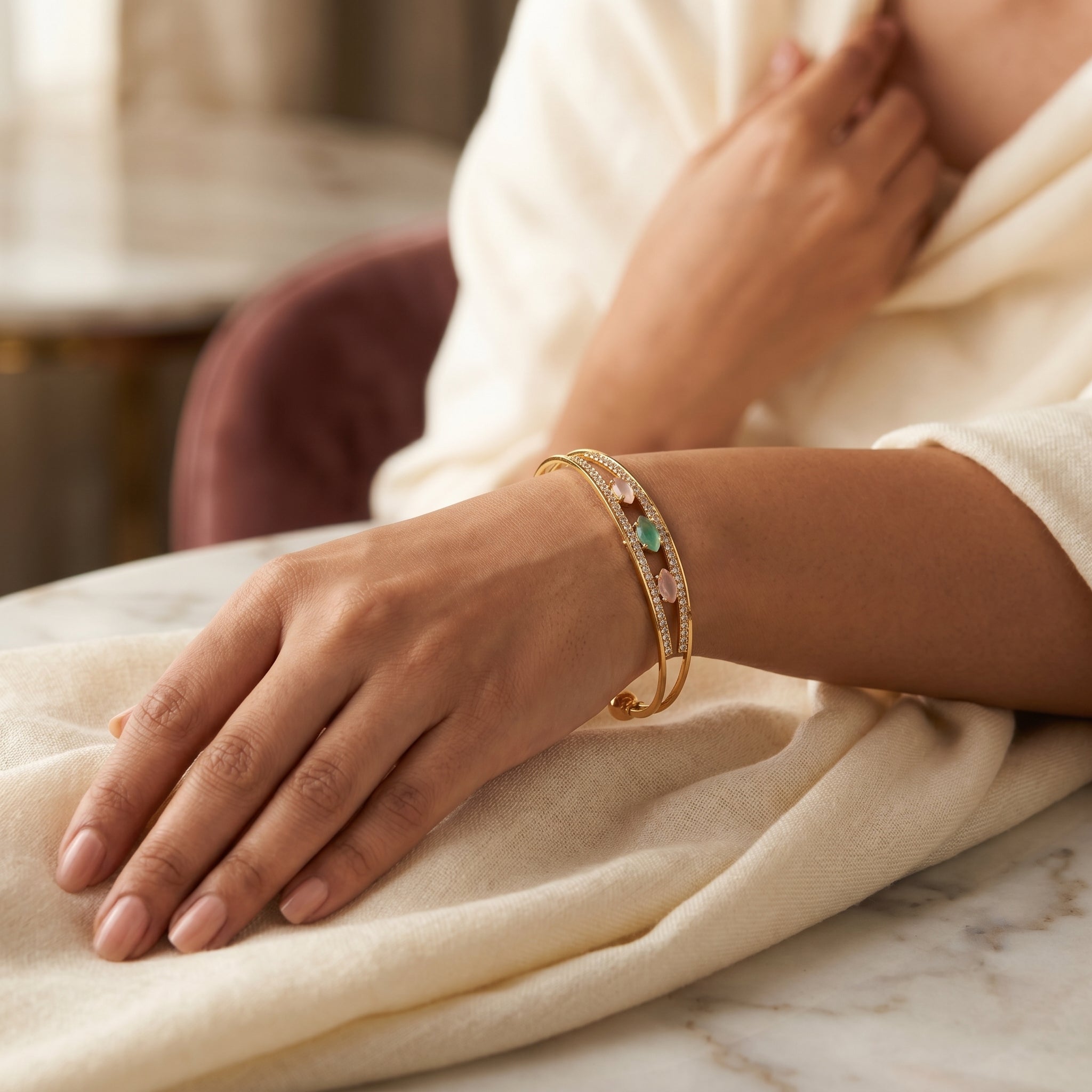 Gold Multi-Stone Halo Open Cuff Bracelet