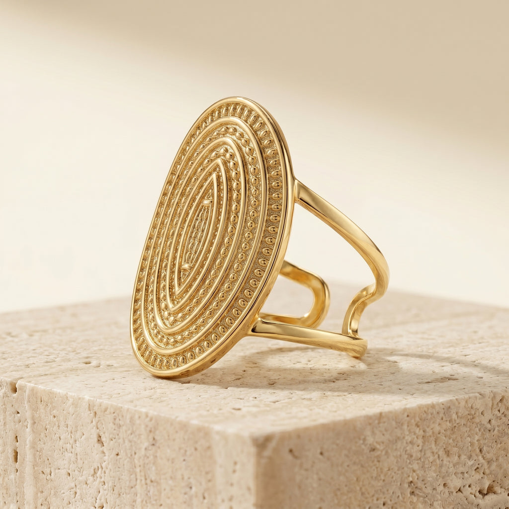 Gold Antique Medallion Engraved Disc Statement Ring