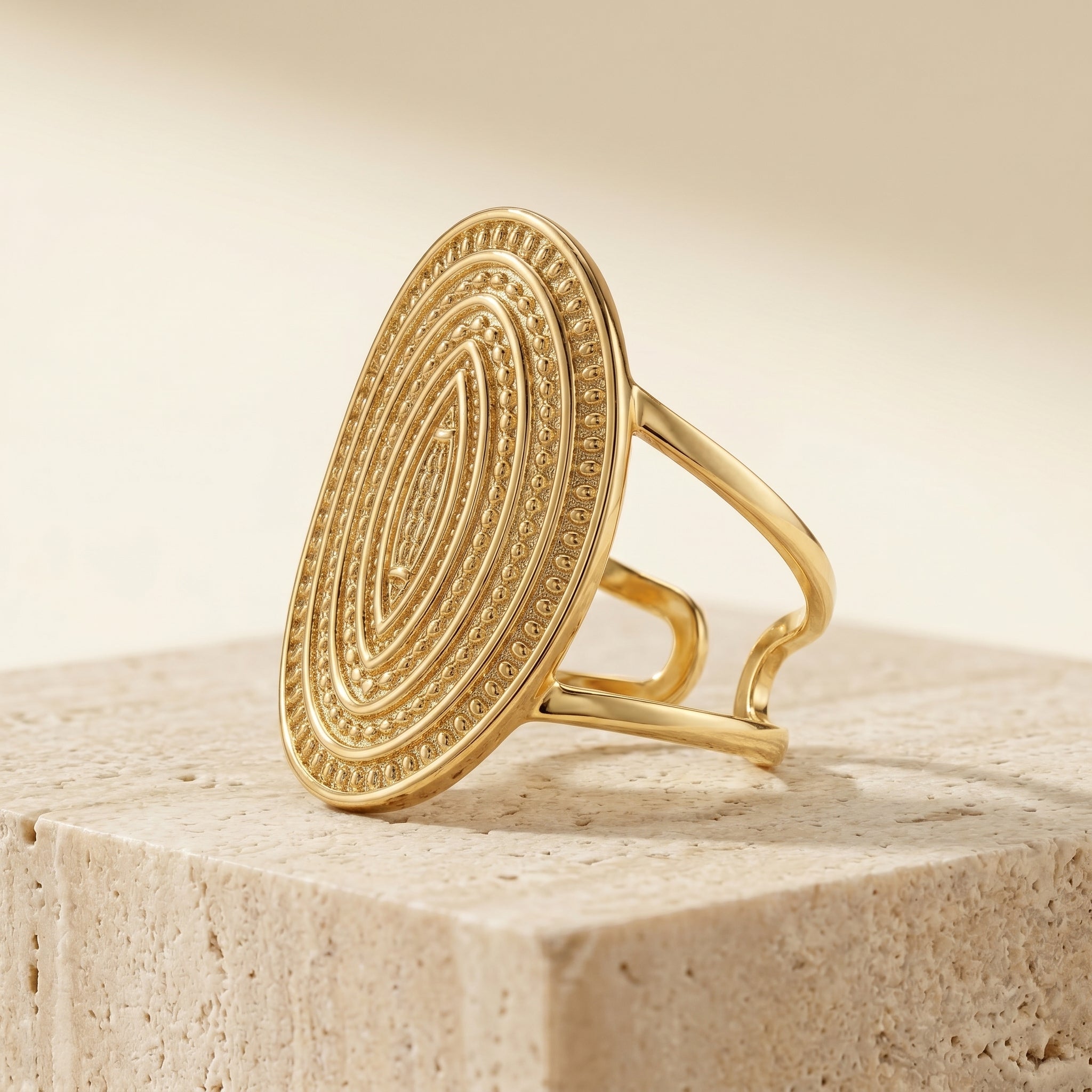 Gold Antique Medallion Engraved Disc Statement Ring