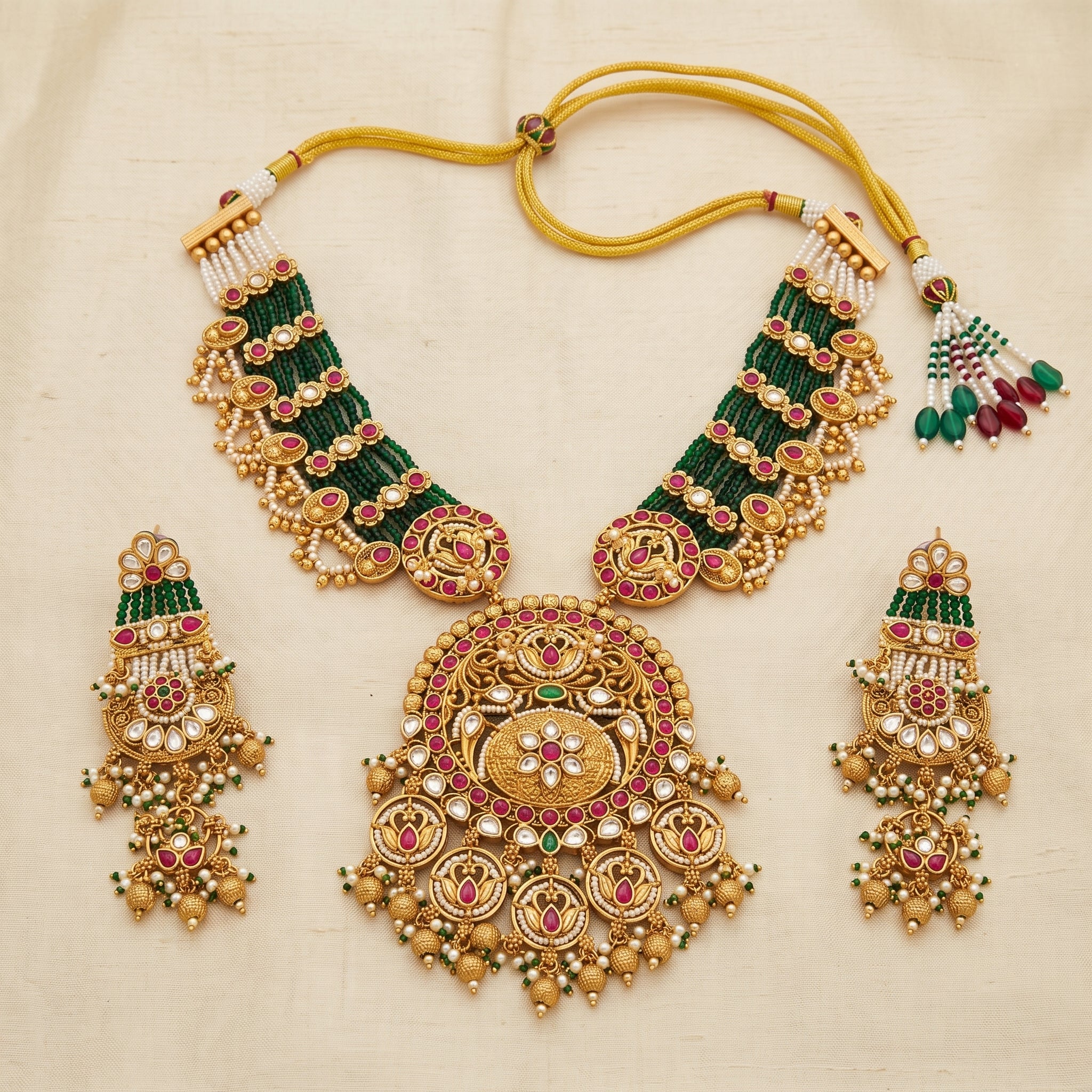 Antique Gold Kundan Multi-Strand Medallion Necklace Set