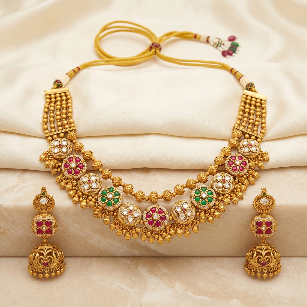 Antique Gold Floral Medallion Dual-Strand Necklace Set