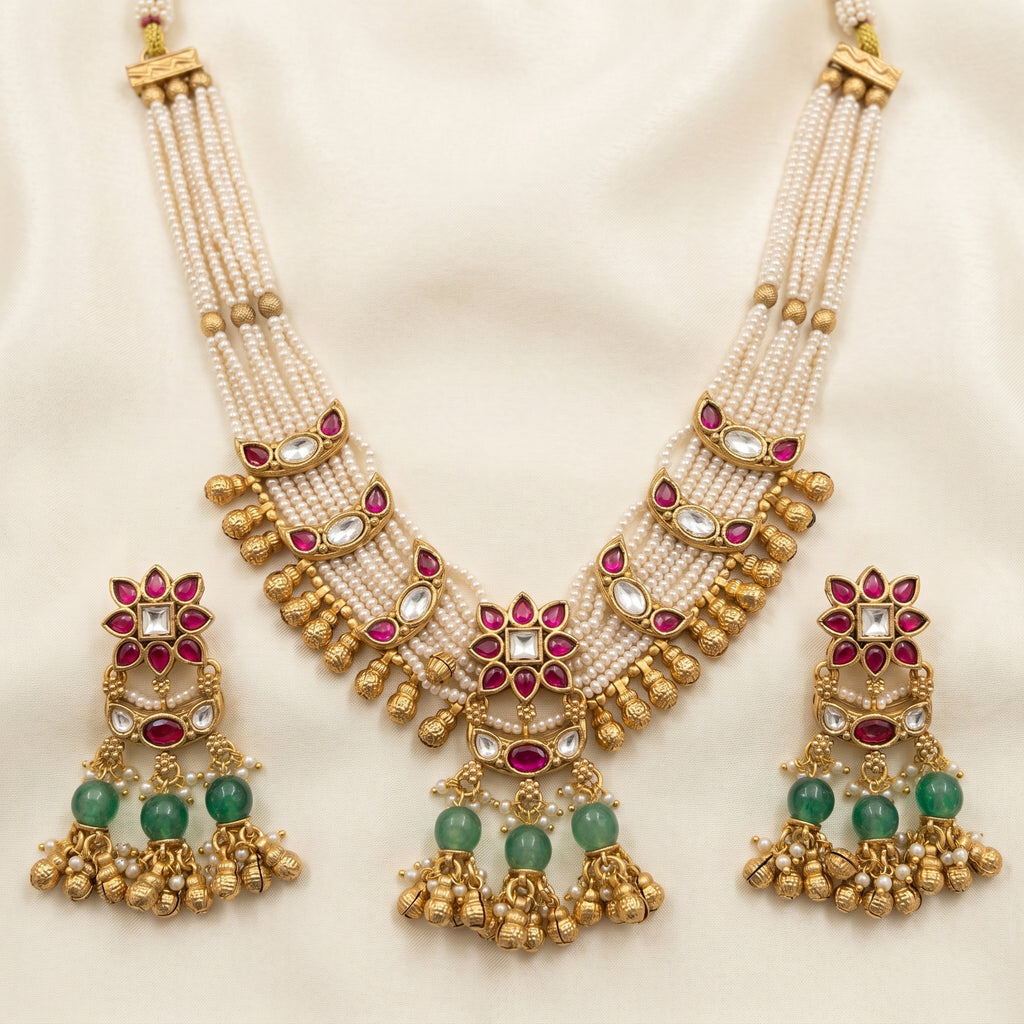 Antique Gold Pearl Multi-Strand Kundan Necklace Set