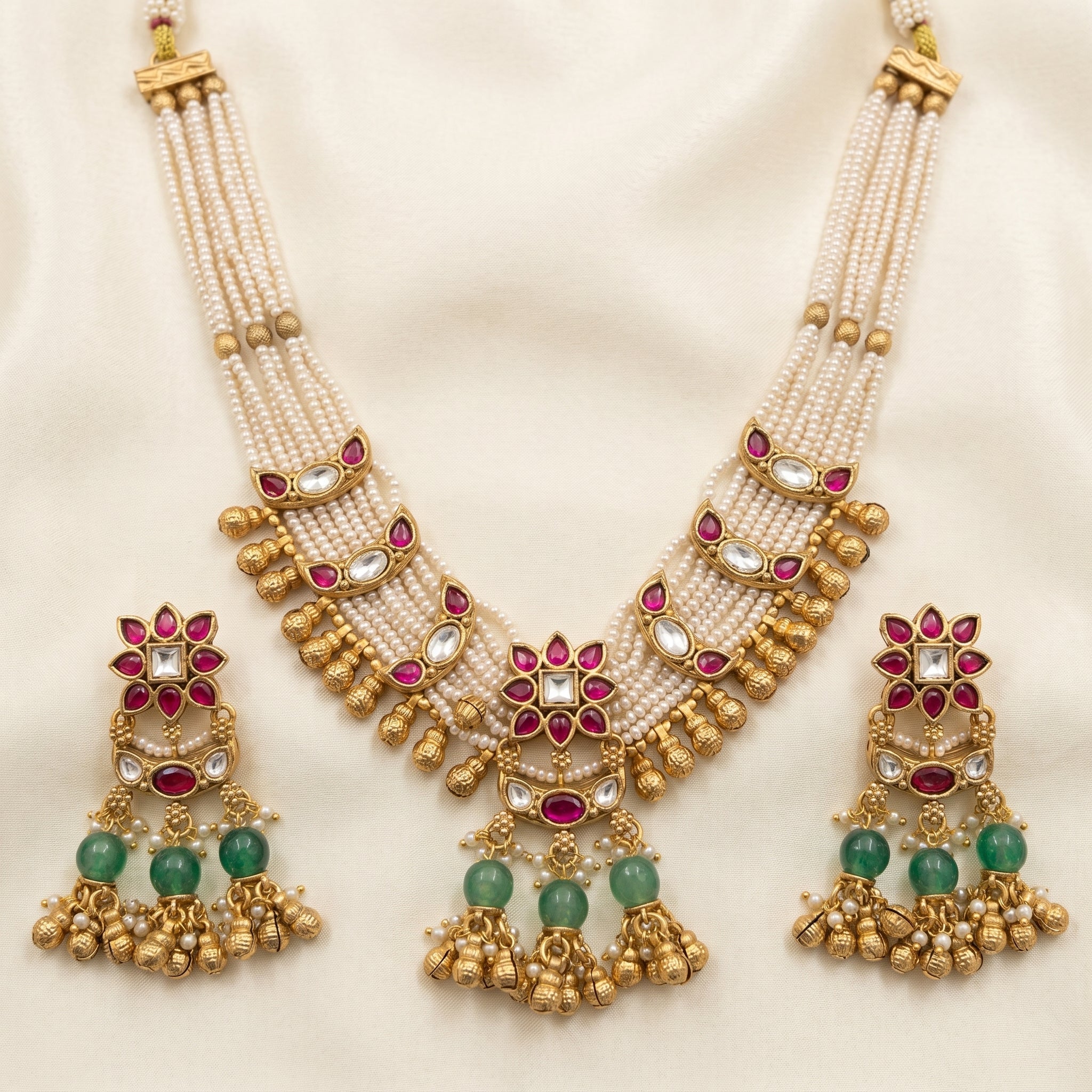 Antique Gold Pearl Multi-Strand Kundan Necklace Set