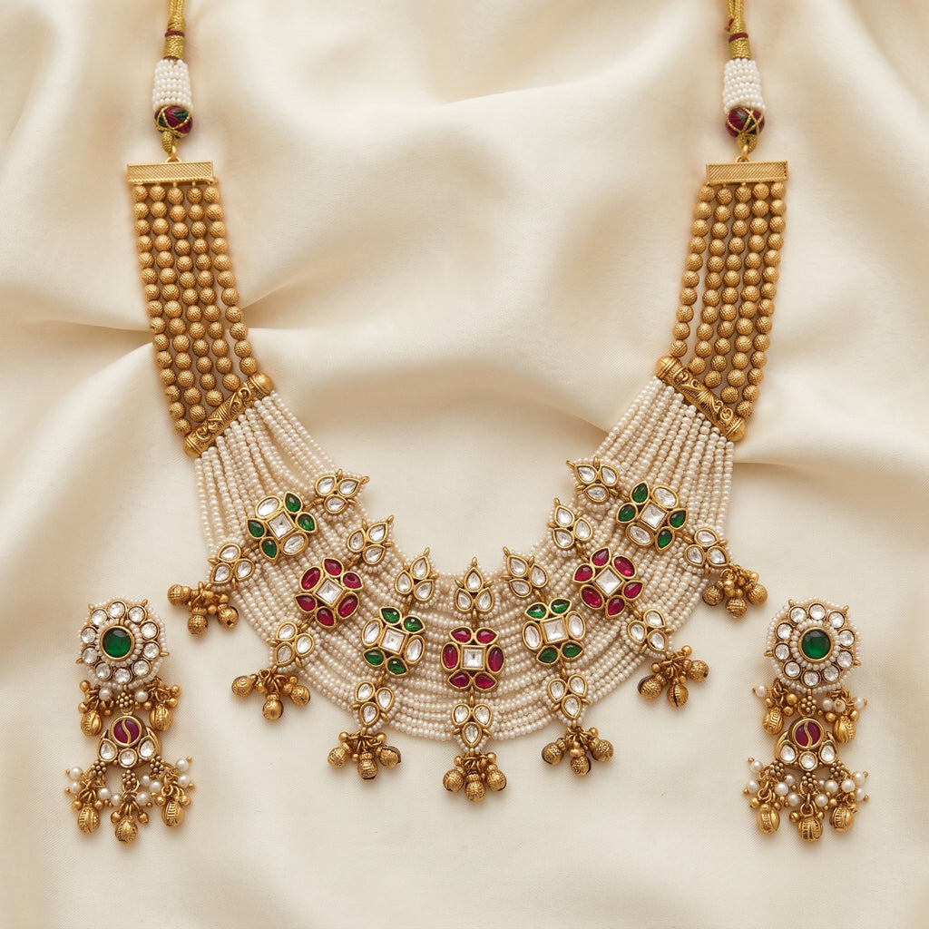 Antique Gold Pearl Collar Kundan Floral Necklace Set