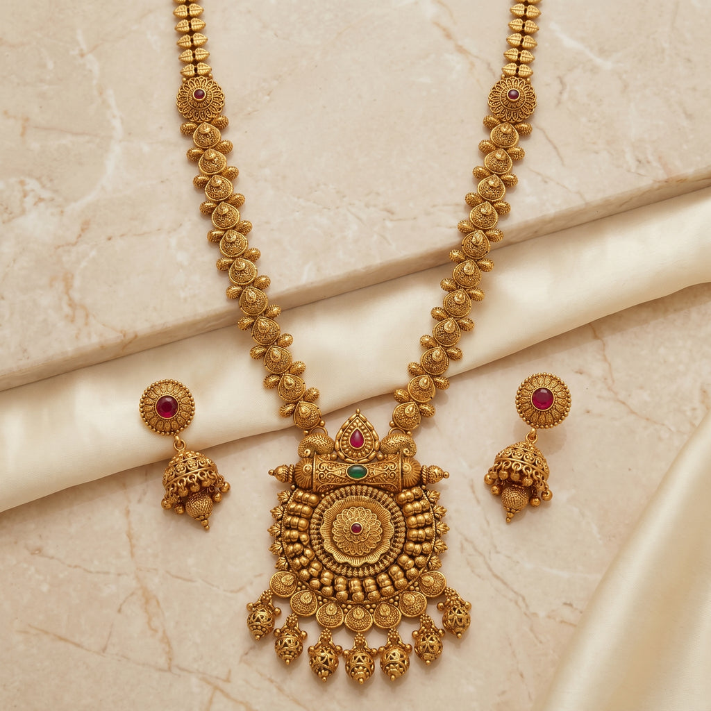 Gold Antique Peacock Medallion Rani Haar Set