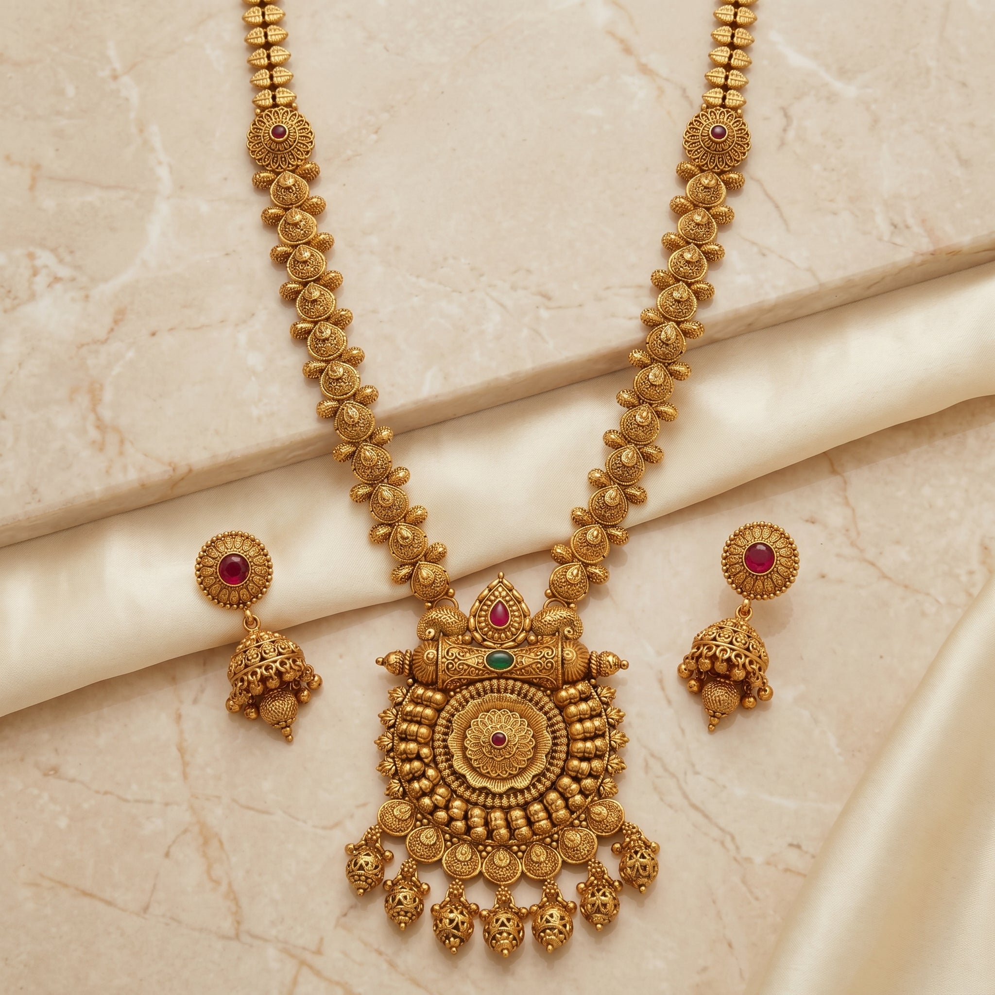 Gold Antique Peacock Medallion Rani Haar Set