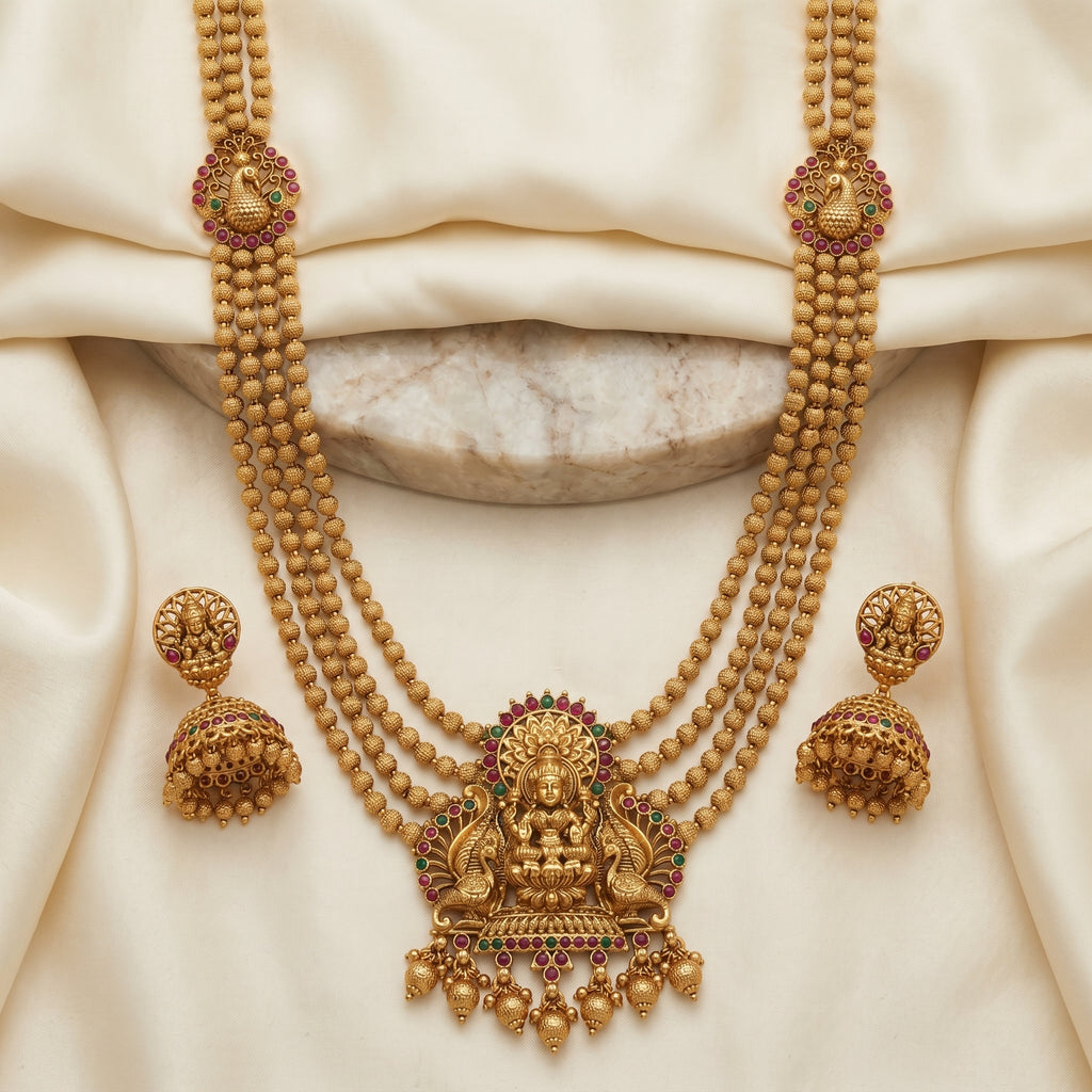 Gold Antique Goddess Lakshmi Multi-Strand Haram Set