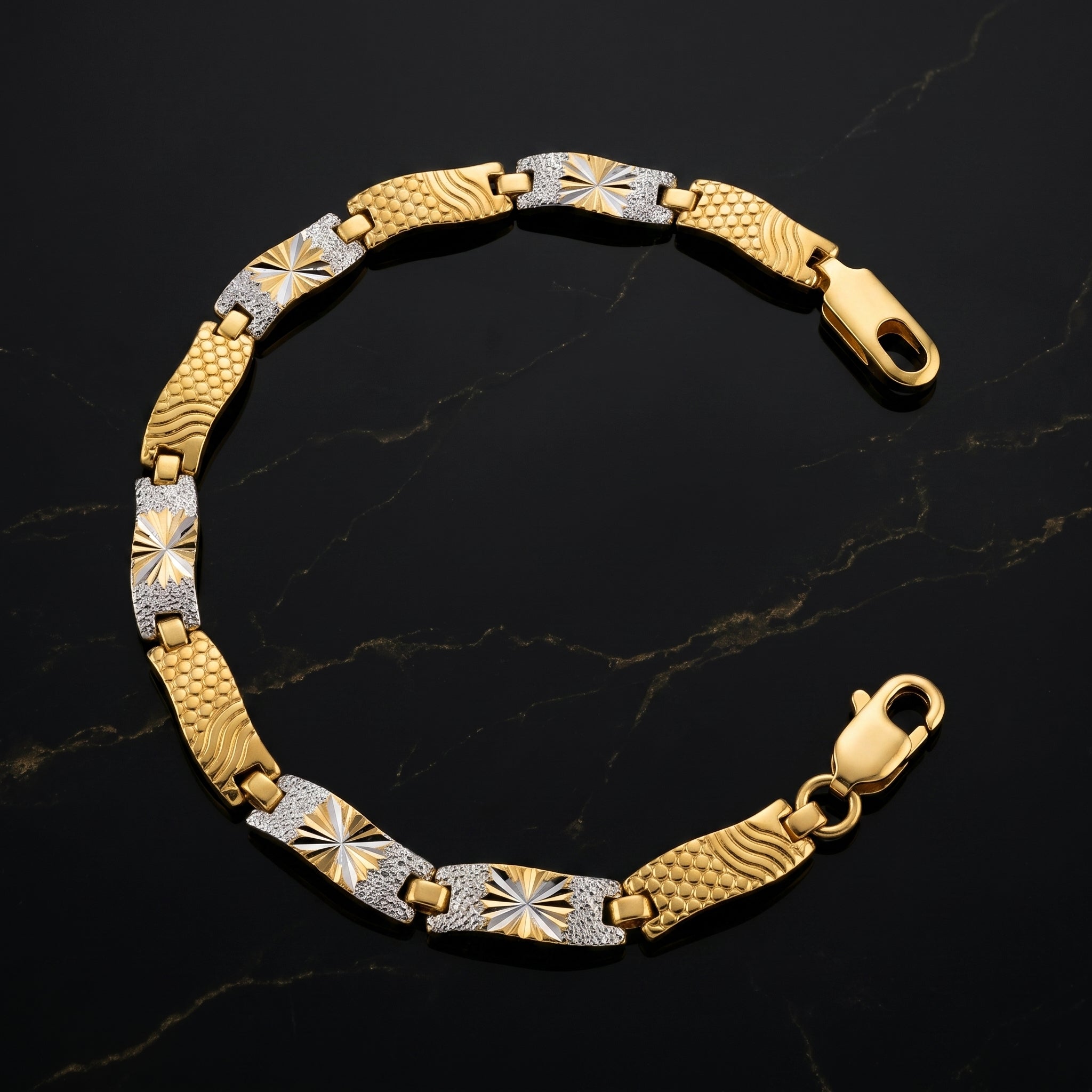 Gold Silver Diamond-Cut Textured Link Bracelet