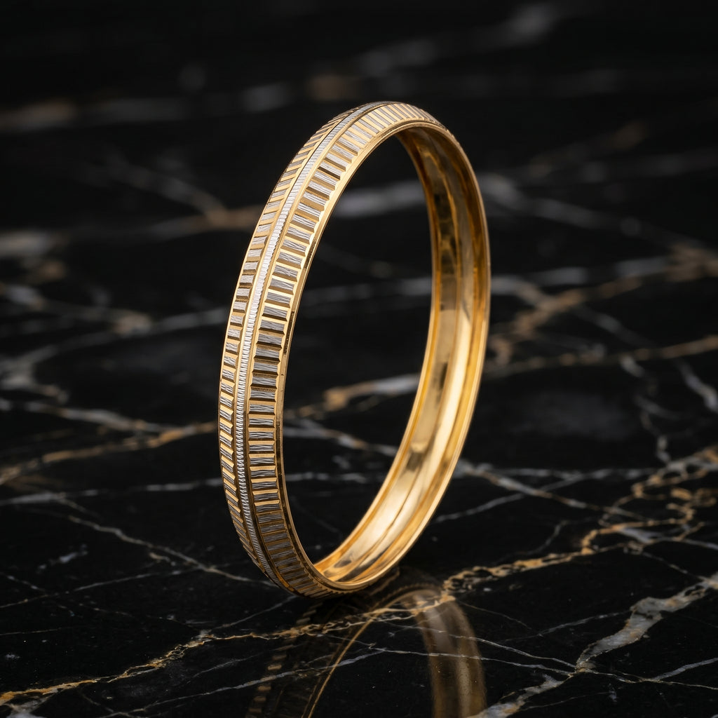 Gold Silver Vertical Stripe Engraved Bangle