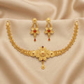 Gold Granular Choker Floral Ruby Pendant Set