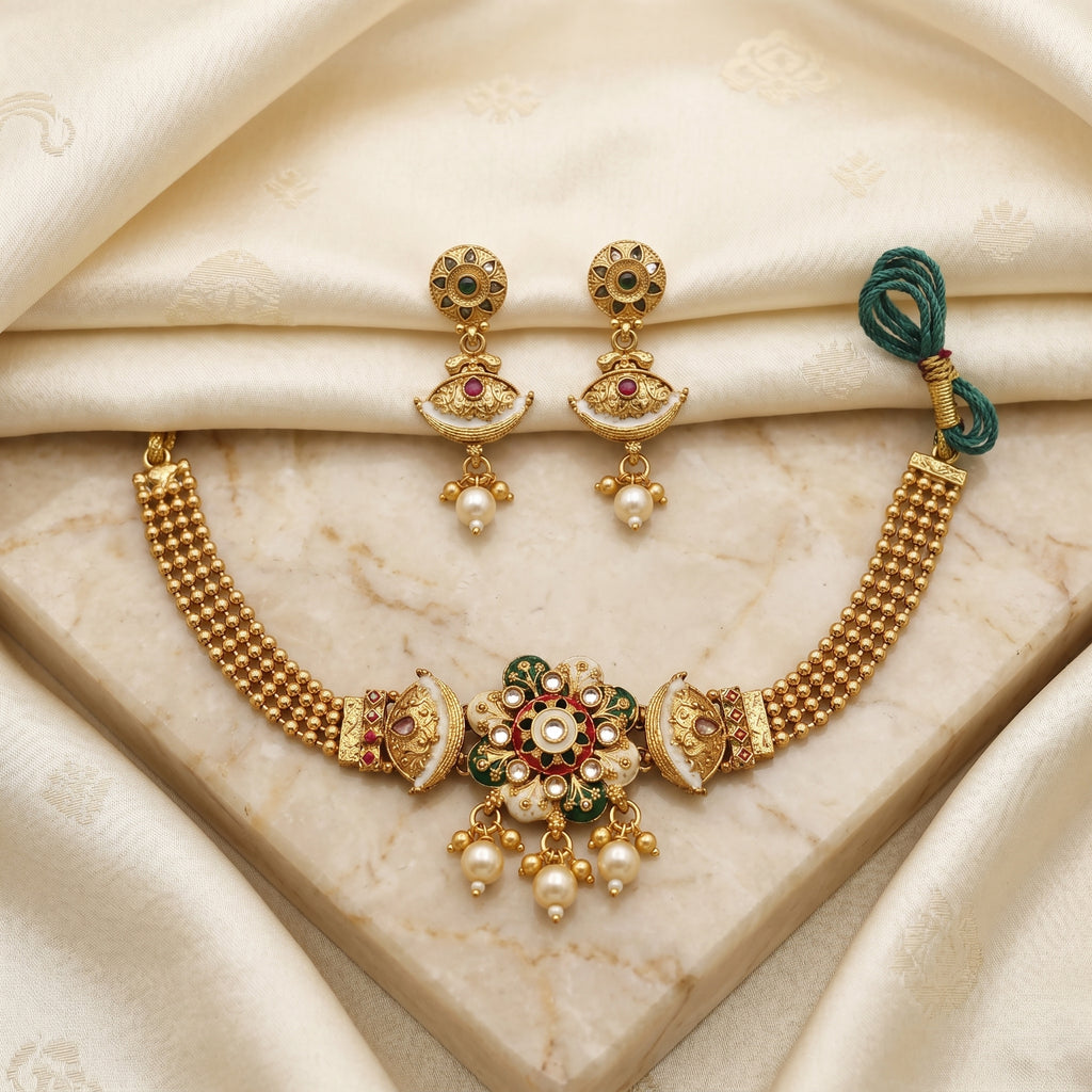 Gold Kundan Meenakari Floral Choker Pearl Drop Set