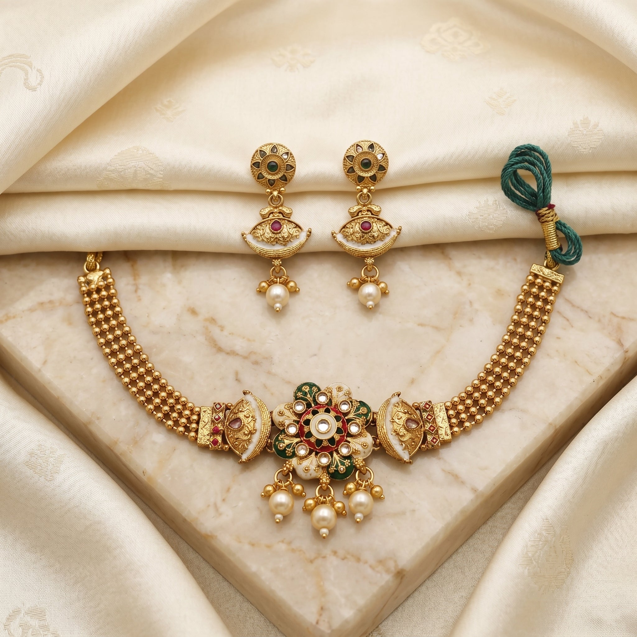 Gold Kundan Meenakari Floral Choker Pearl Drop Set