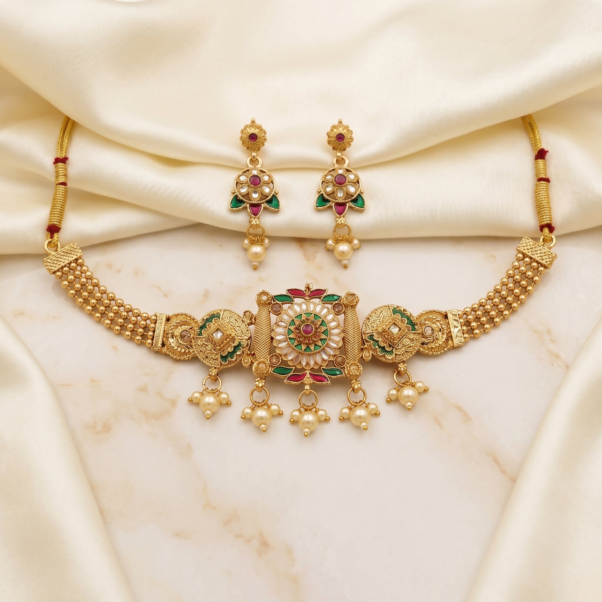 Gold Kundan Meenakari Peacock Square Choker Set