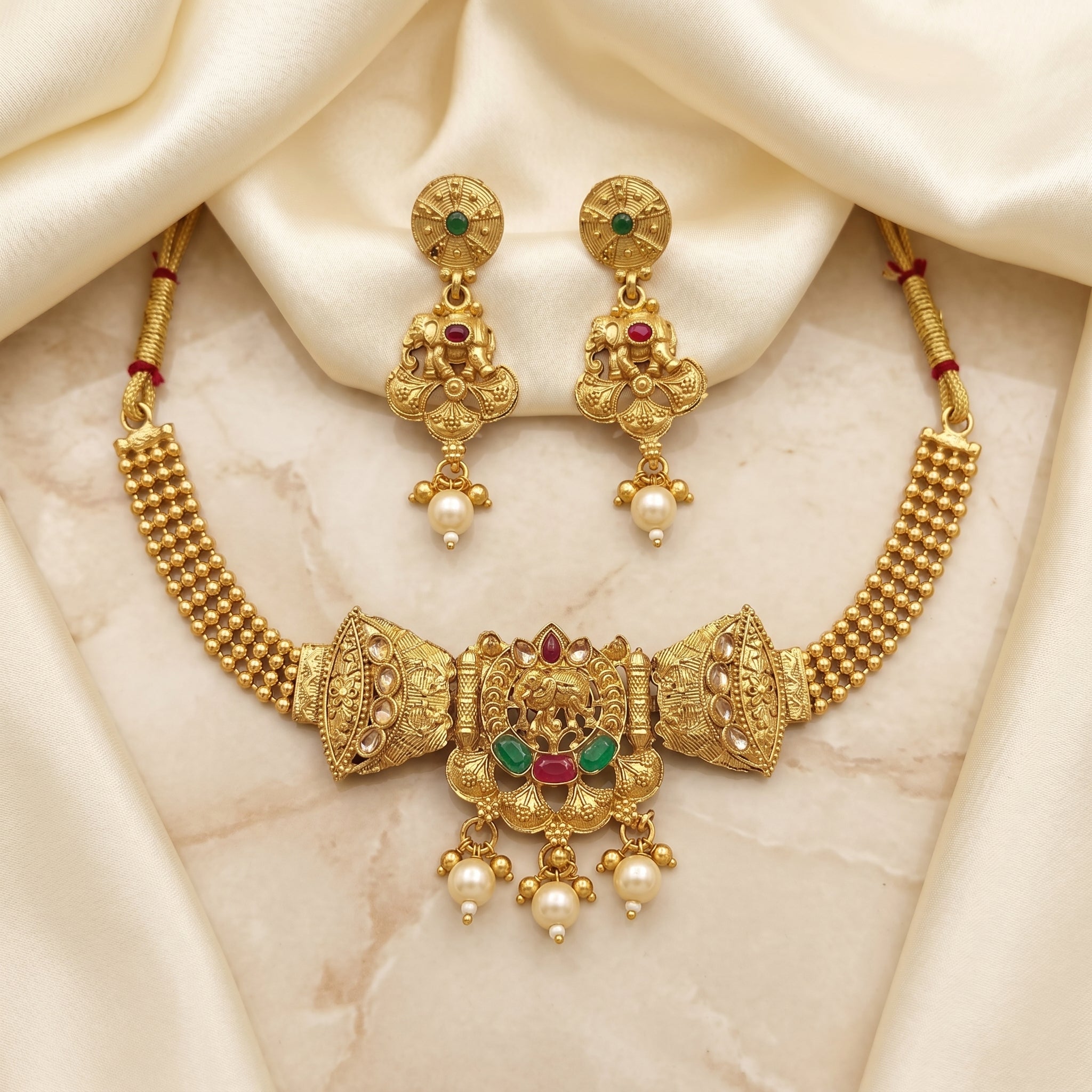 Gold Temple Elephant Kundan Choker Set