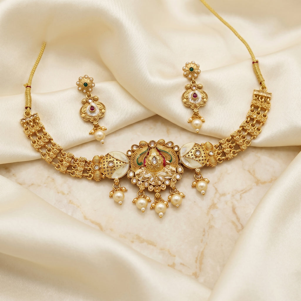 Gold Kundan Peacock Ivory Enamel Choker Set