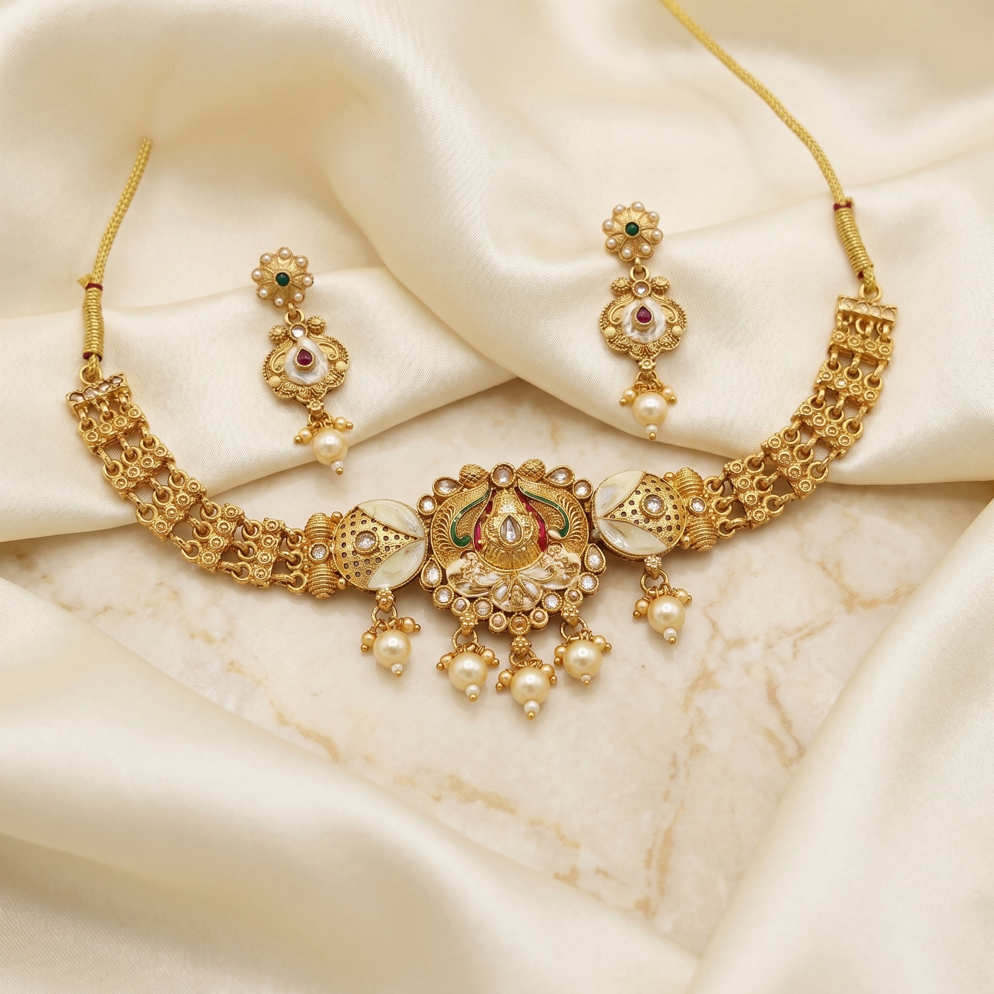 Gold Kundan Peacock Ivory Enamel Choker Set