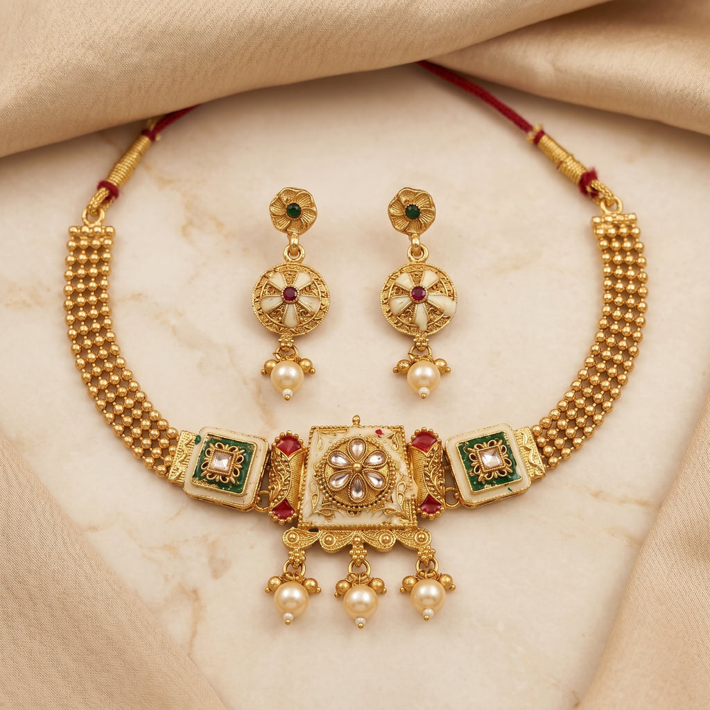 Gold Kundan Ivory Green Enamel Square Panel Choker Set