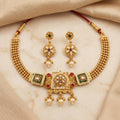 Gold Kundan Ivory Green Enamel Square Panel Choker Set