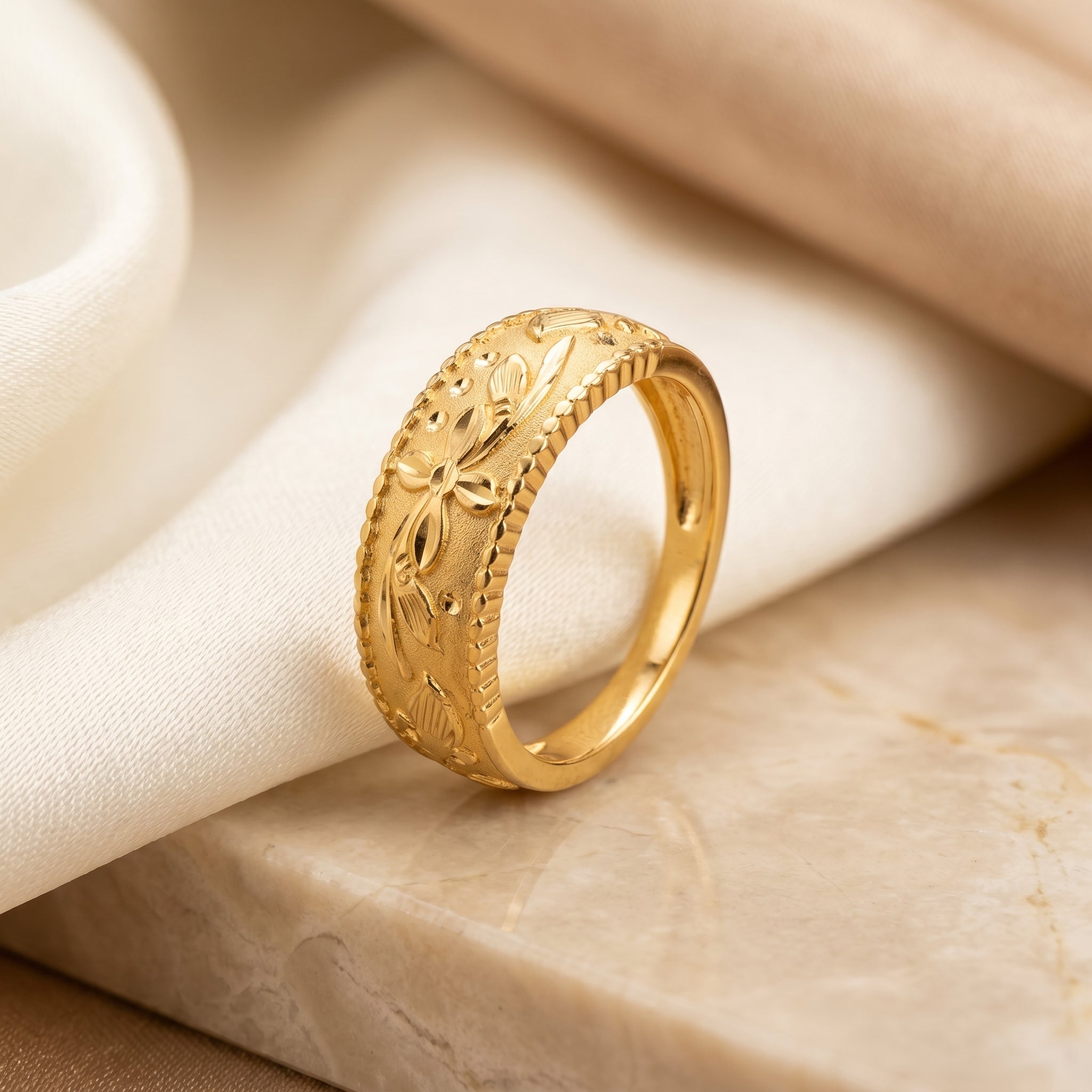 Gold Floral Engraved Dome Ring