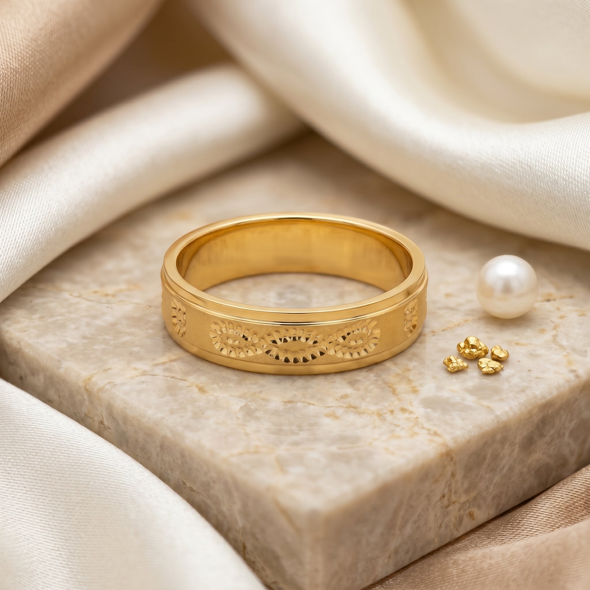 Gold Sunburst Engraved Band Ring