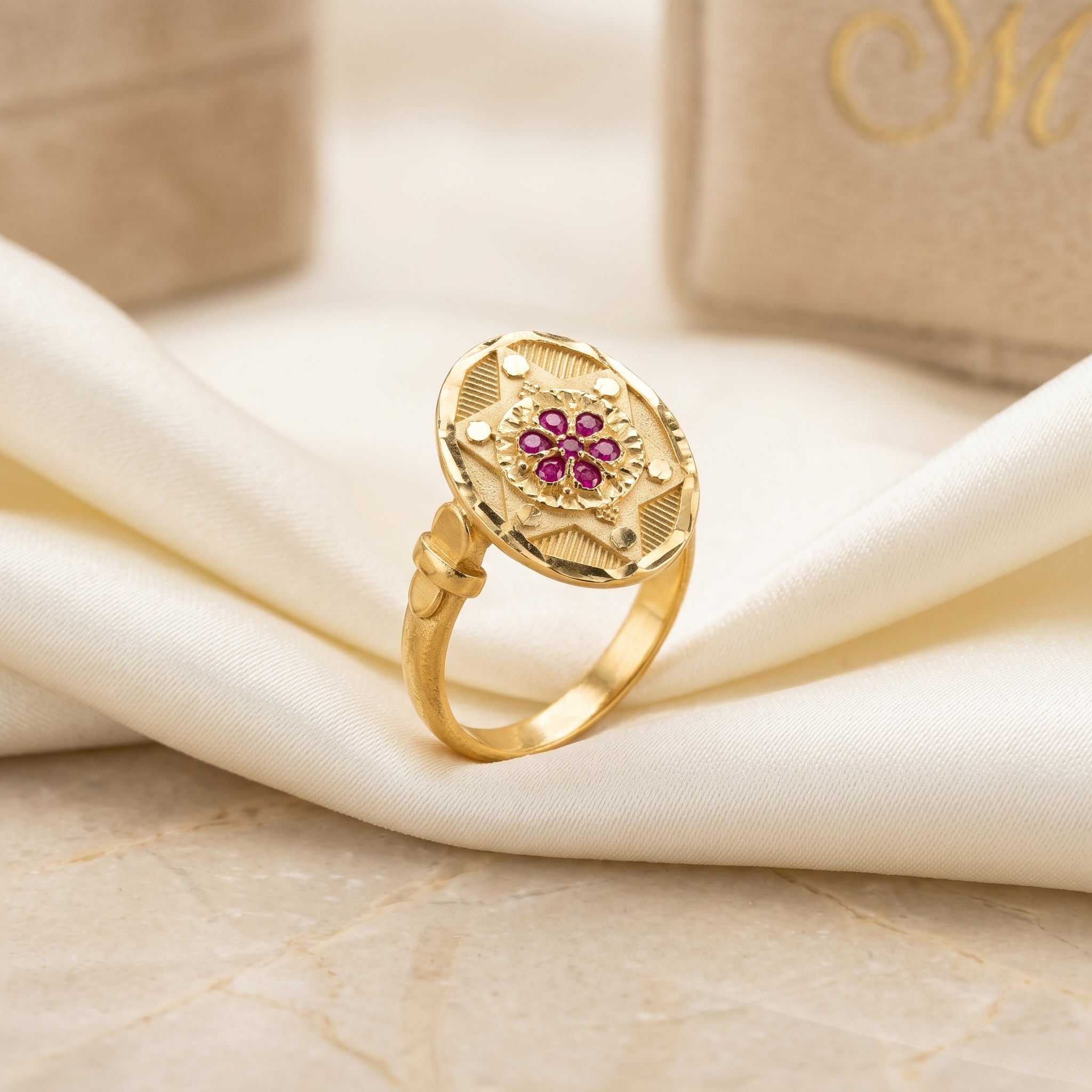 Gold Ruby Floral Oval Signet Ring