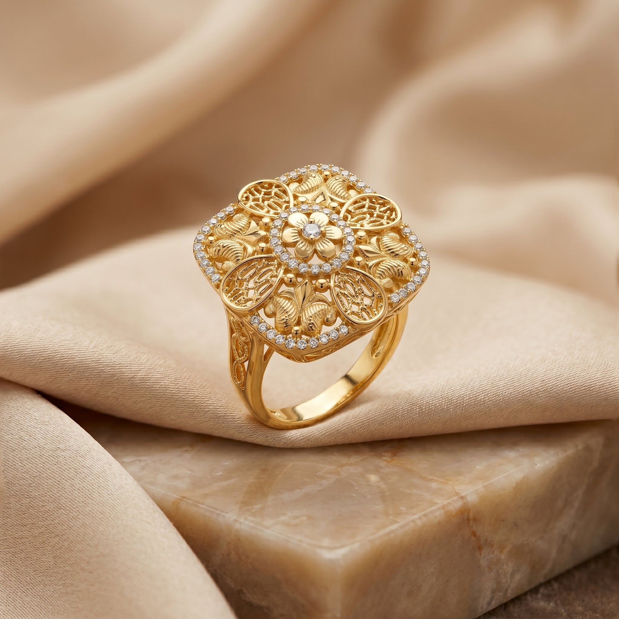Gold Filigree Square CZ Cocktail Ring
