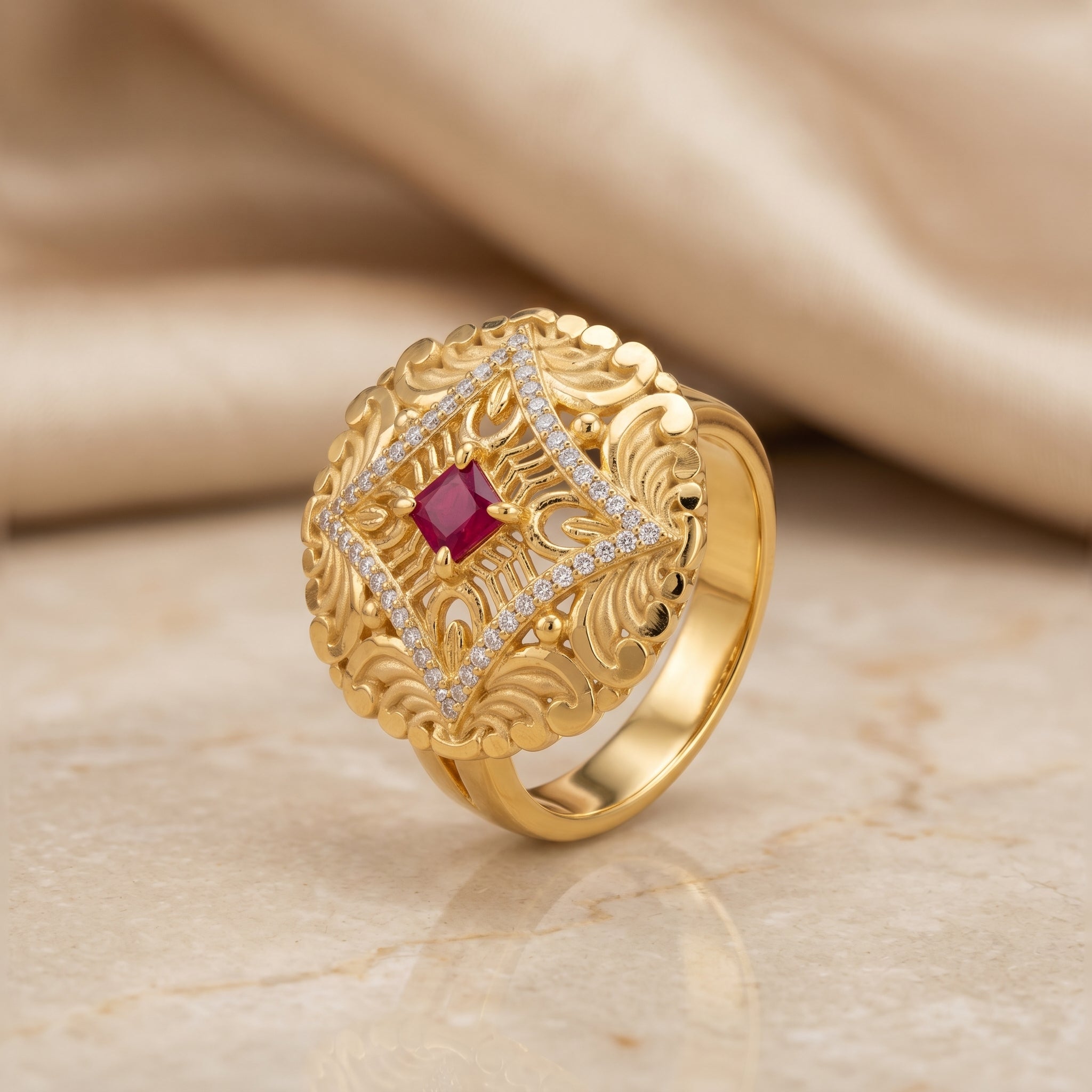 Gold Ruby Princess CZ Scroll Cocktail Ring