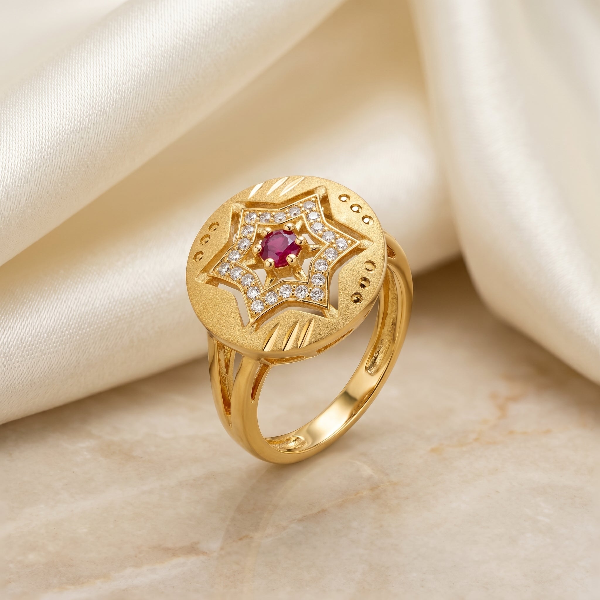 Gold Ruby Star CZ Disc Ring