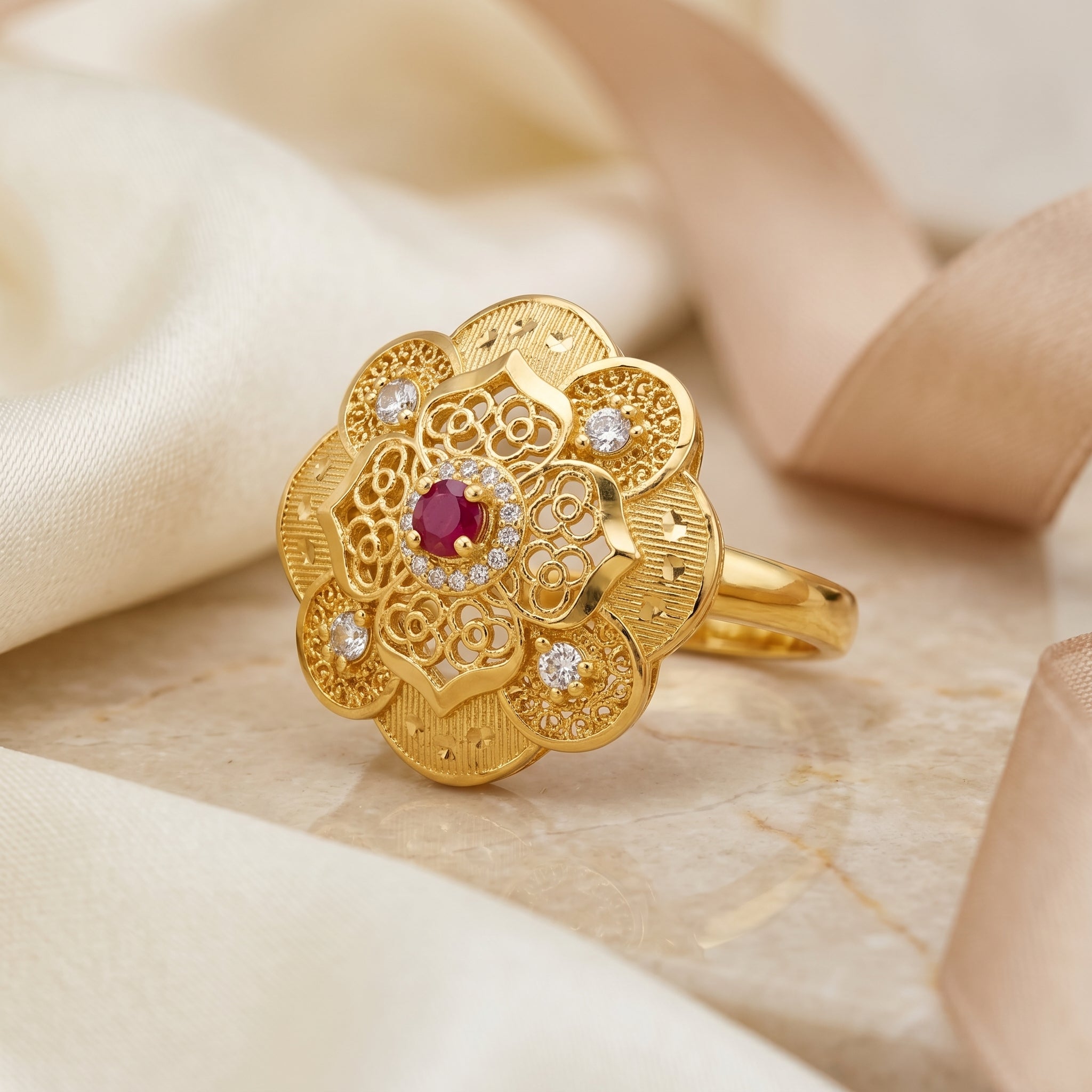 Gold Ruby Floral Filigree Bloom Ring
