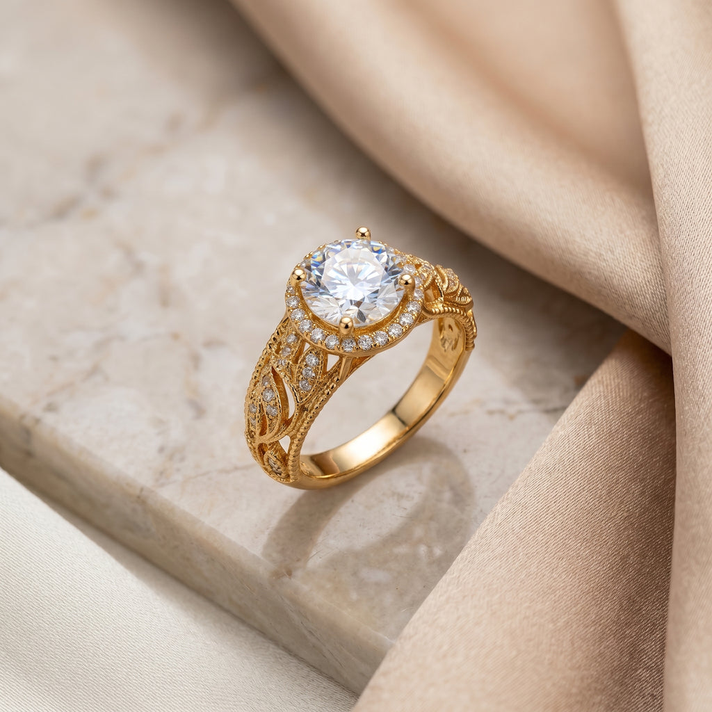Gold Solitaire CZ Filigree Halo Ring