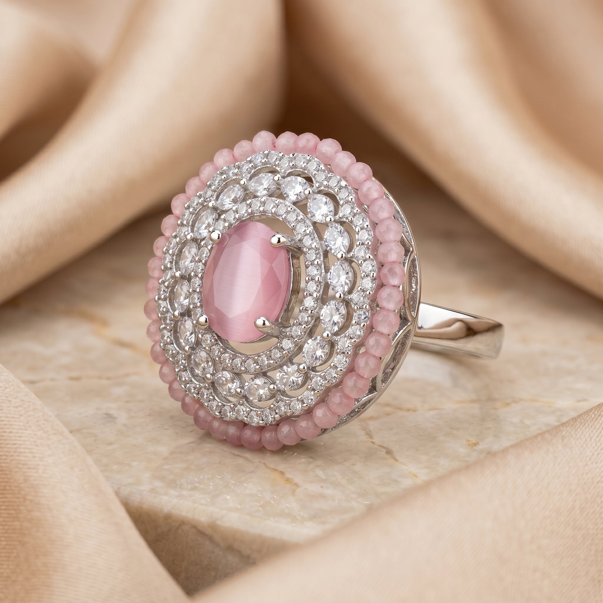 Pink Oval CZ Bead Halo Cocktail Ring