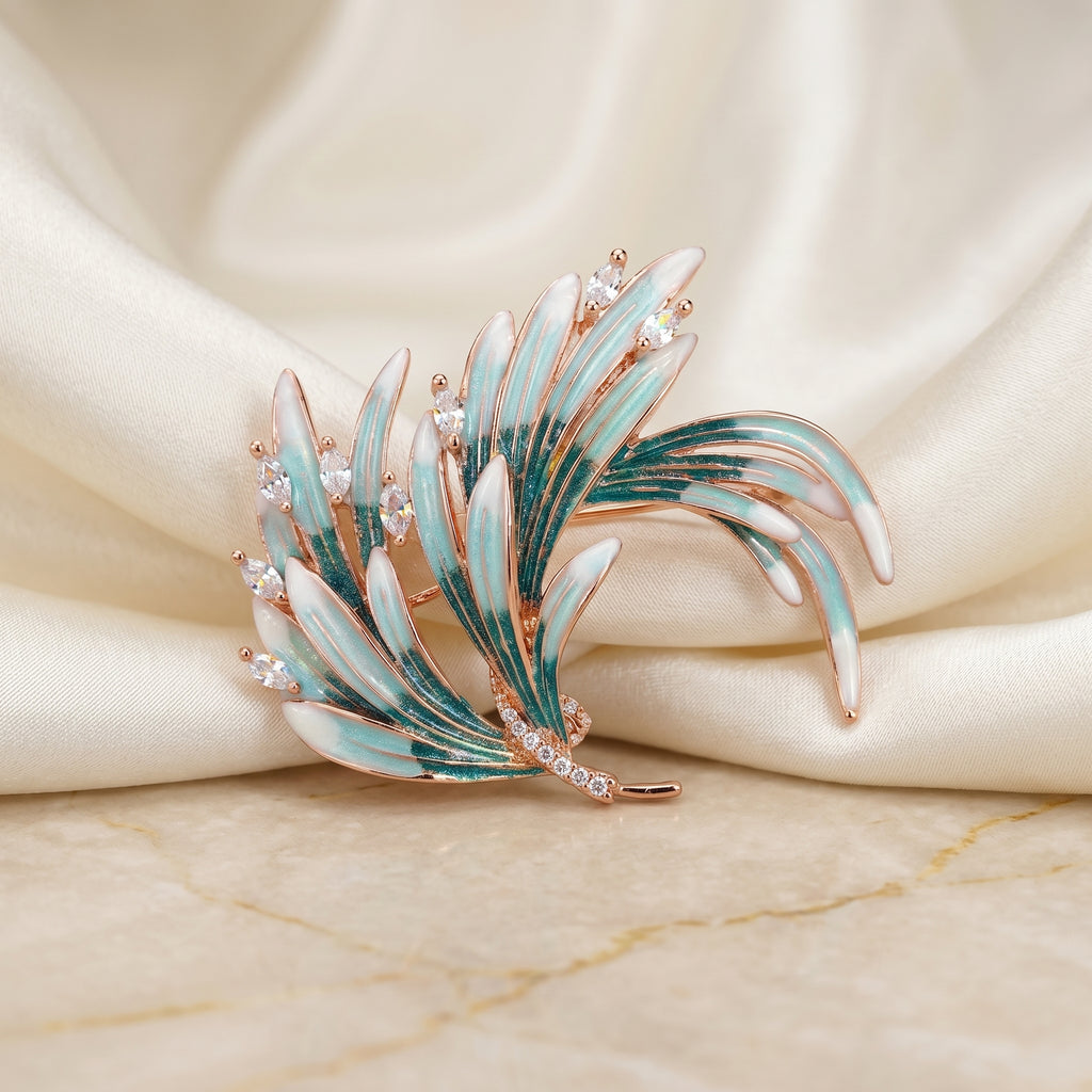 Gold Teal Enamel Feather Brooch