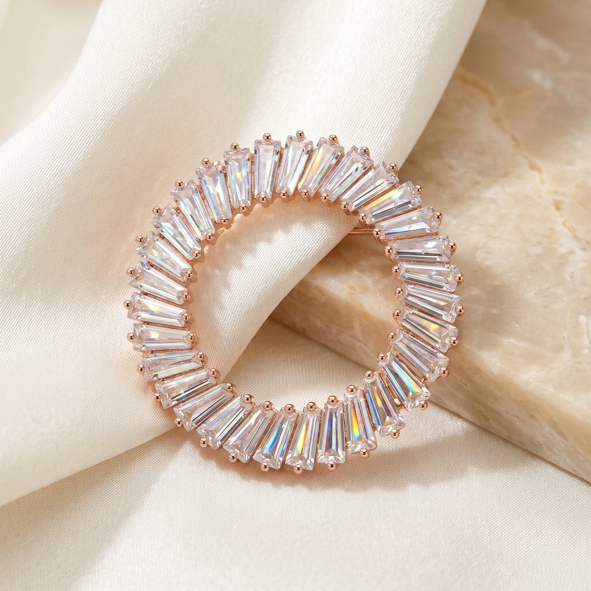 Gold Baguette CZ Circle Brooch