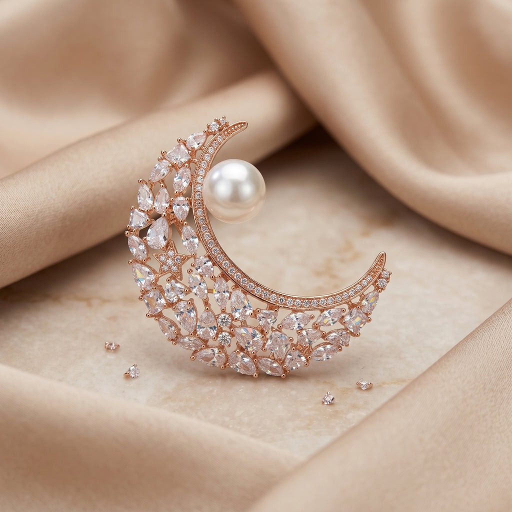 Gold Pearl CZ Crescent Moon Brooch