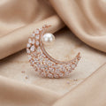 Gold Pearl CZ Crescent Moon Brooch