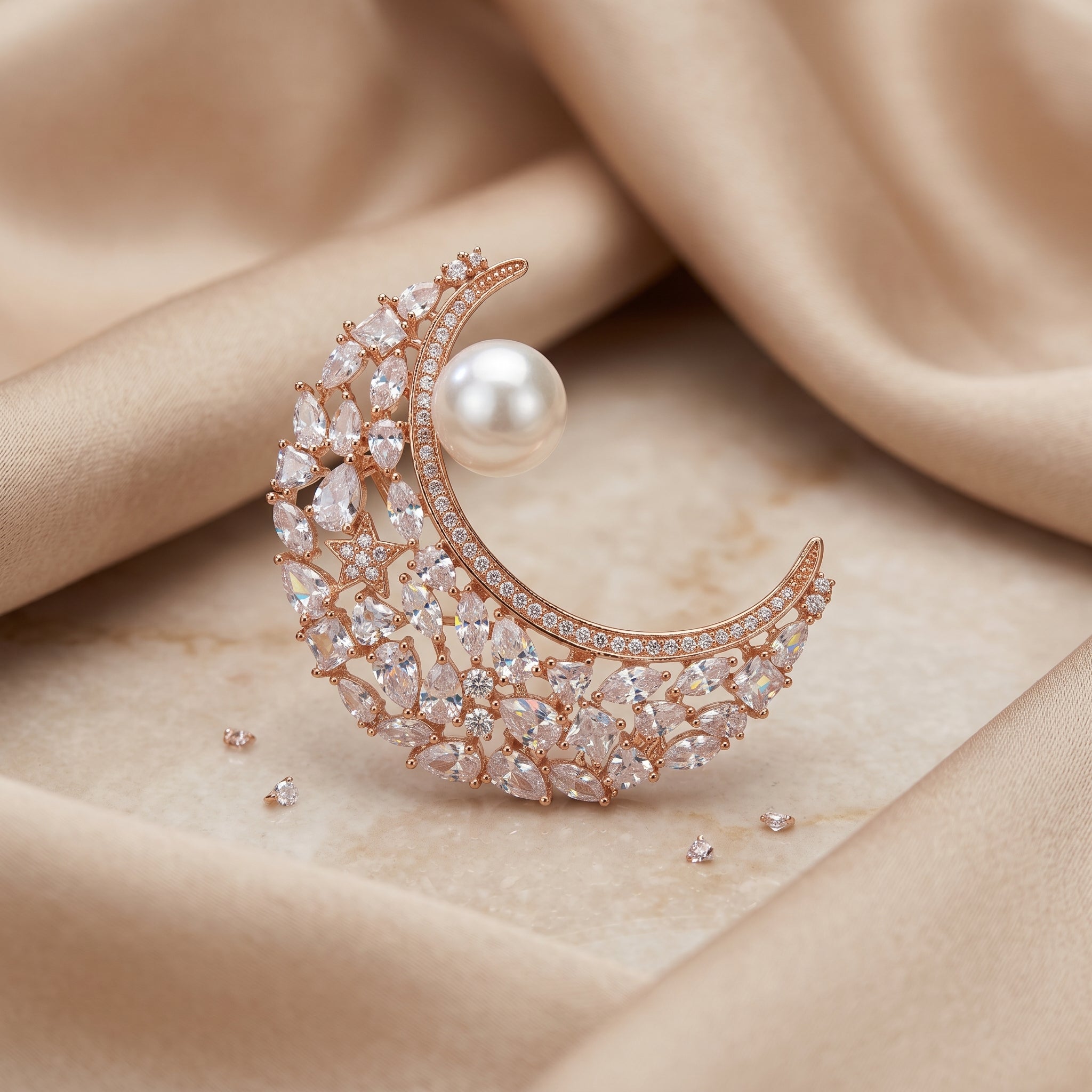 Gold Pearl CZ Crescent Moon Brooch
