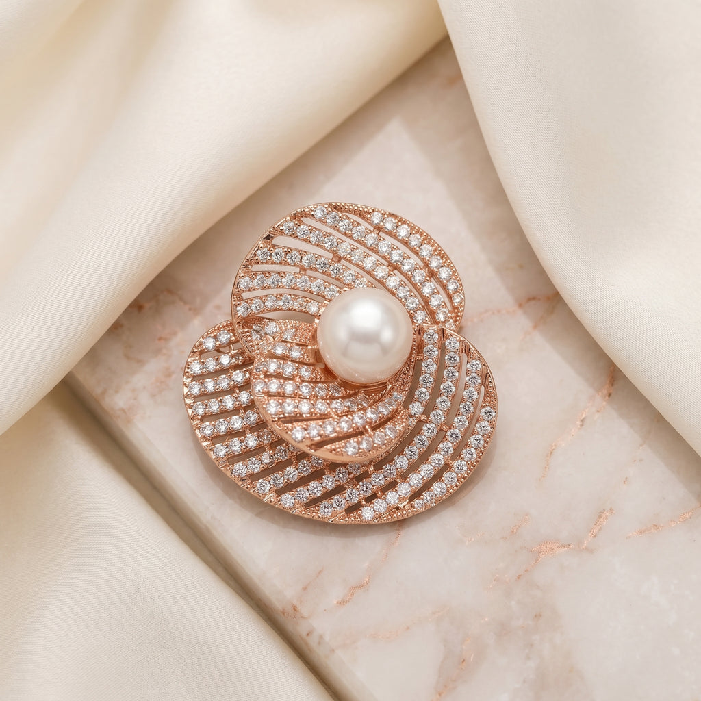 Gold Pearl CZ Spiral Swirl Brooch