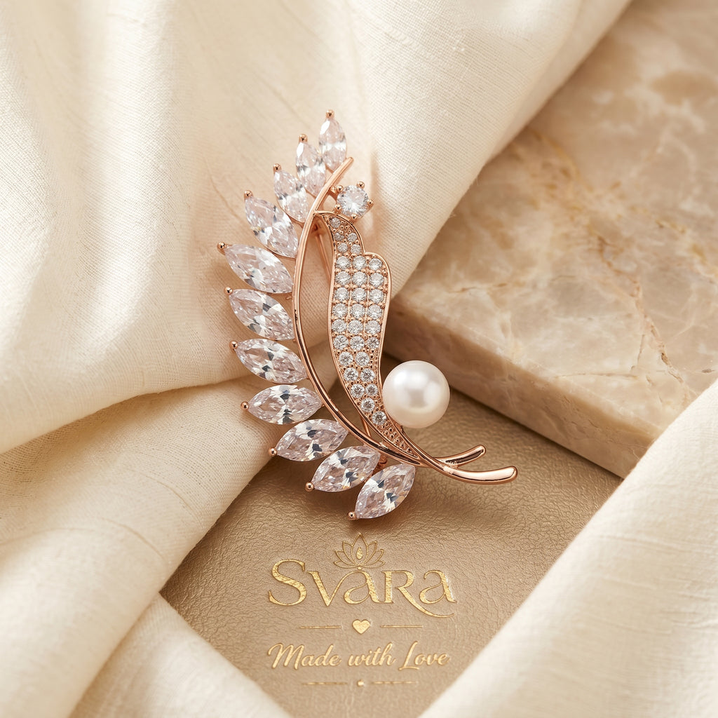 Gold Pearl Marquise Leaf Brooch