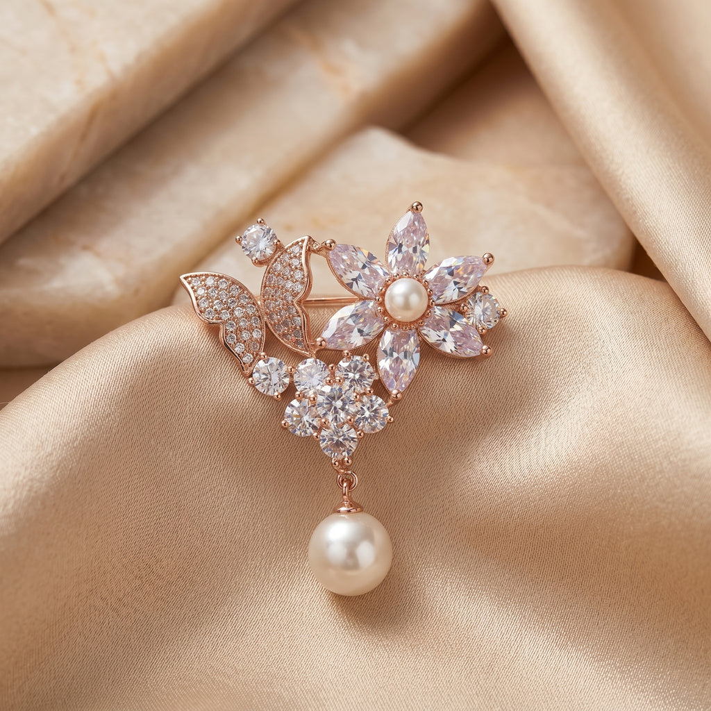 Gold CZ Floral Pearl Drop Brooch