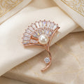 Gold CZ Baguette Fan Pearl Brooch