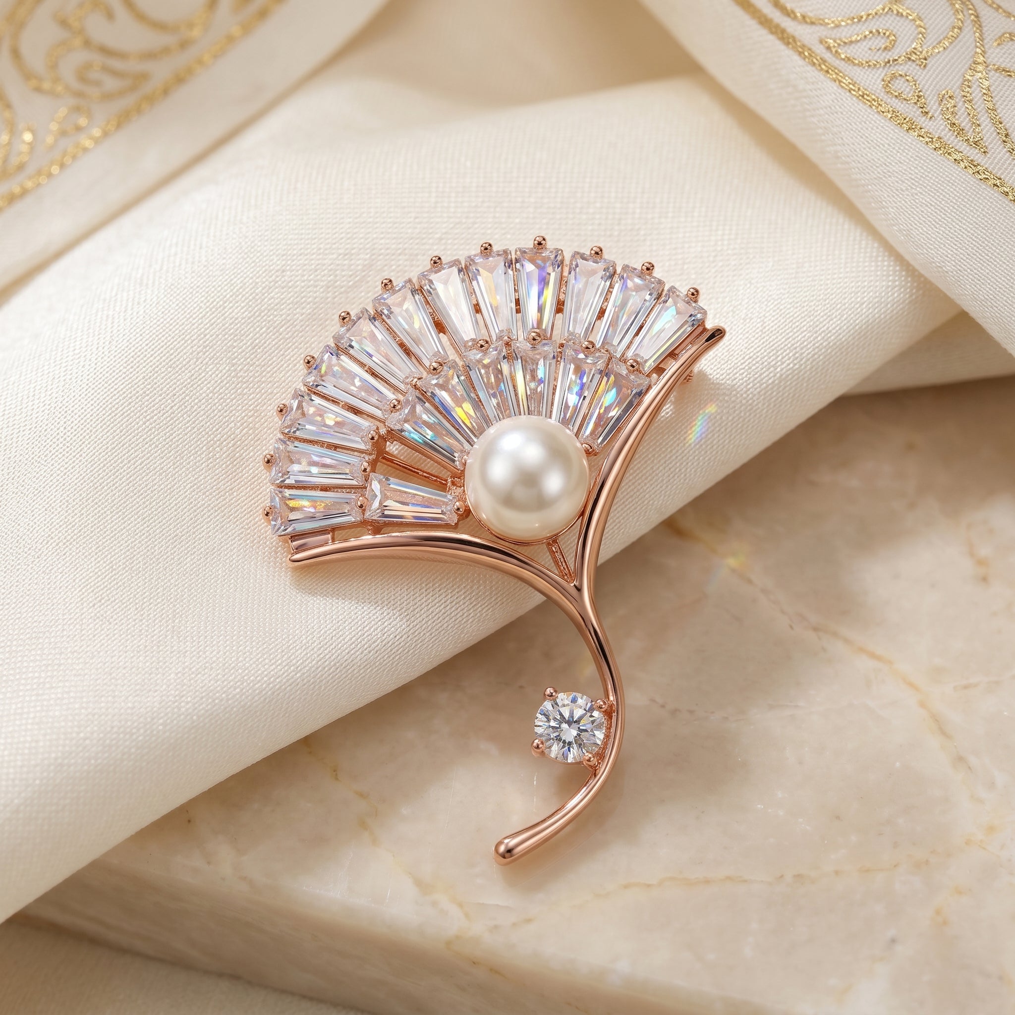 Gold CZ Baguette Fan Pearl Brooch