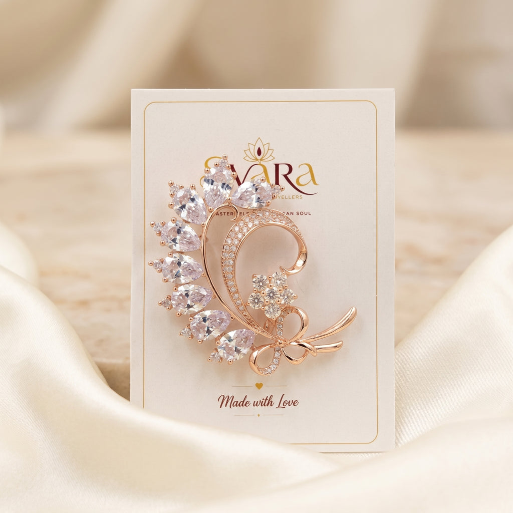 Gold CZ Pear Leaf Swirl Brooch
