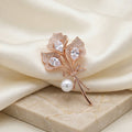 Gold CZ Pavé Leaf Bouquet Pearl Brooch