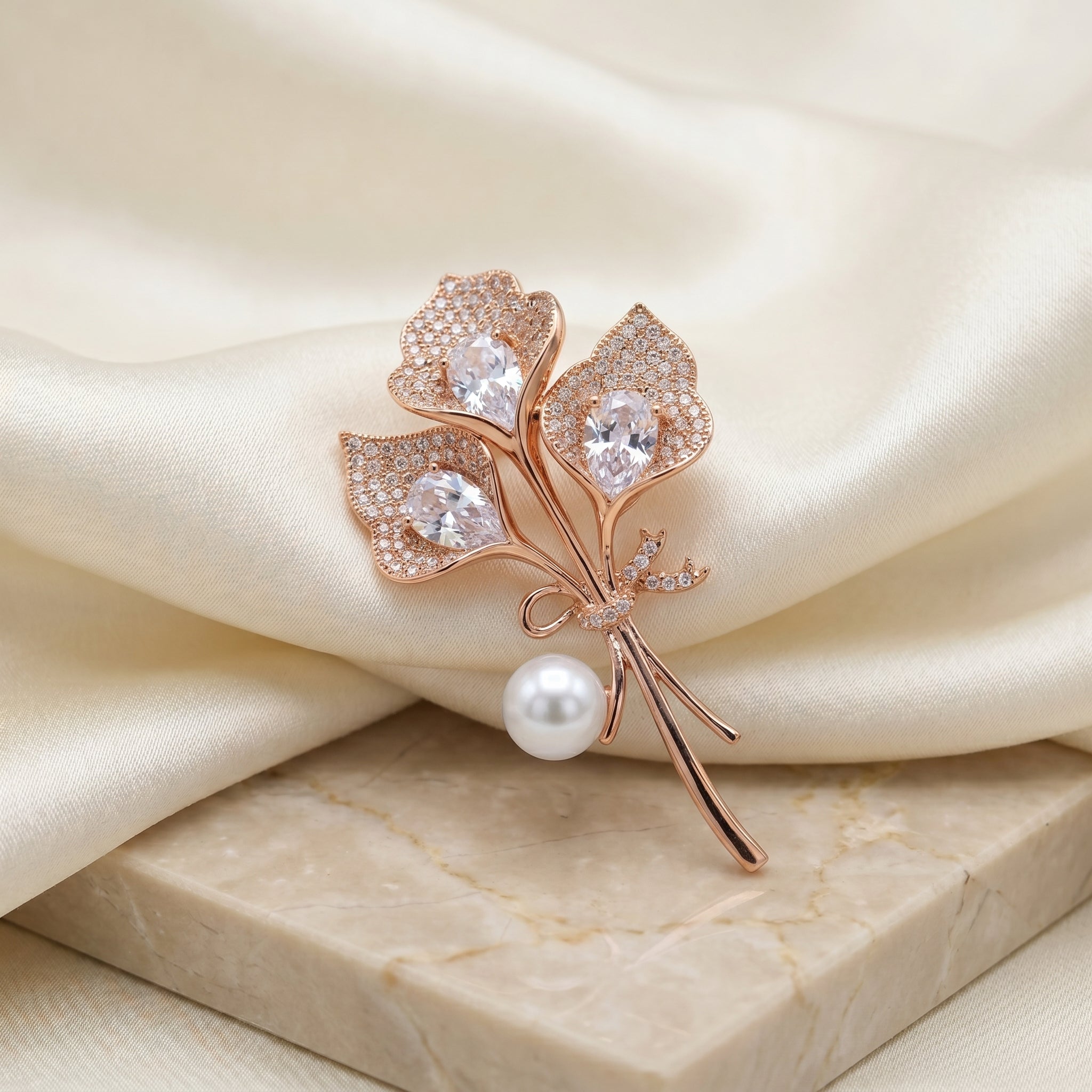 Gold CZ Pavé Leaf Bouquet Pearl Brooch
