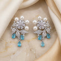 Silver CZ Floral Pearl Turquoise Drop Earrings