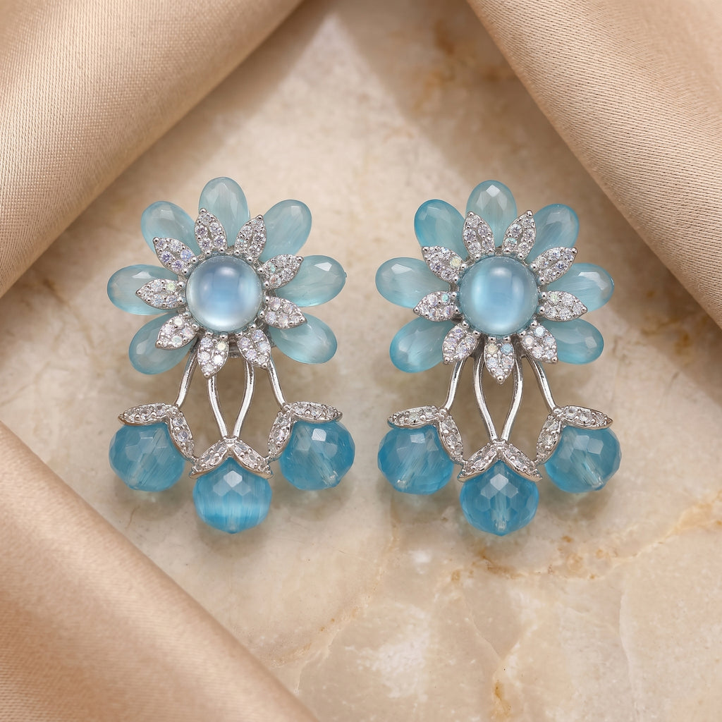 Silver CZ Aqua Floral Bead Drop Earrings