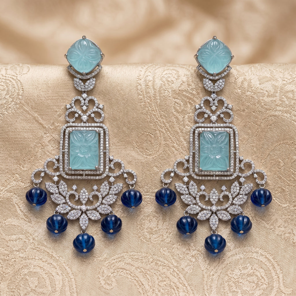 Silver CZ Carved Aqua & Navy Bead Chandelier Earrings