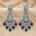 Silver CZ Carved Aqua & Navy Bead Chandelier Earrings