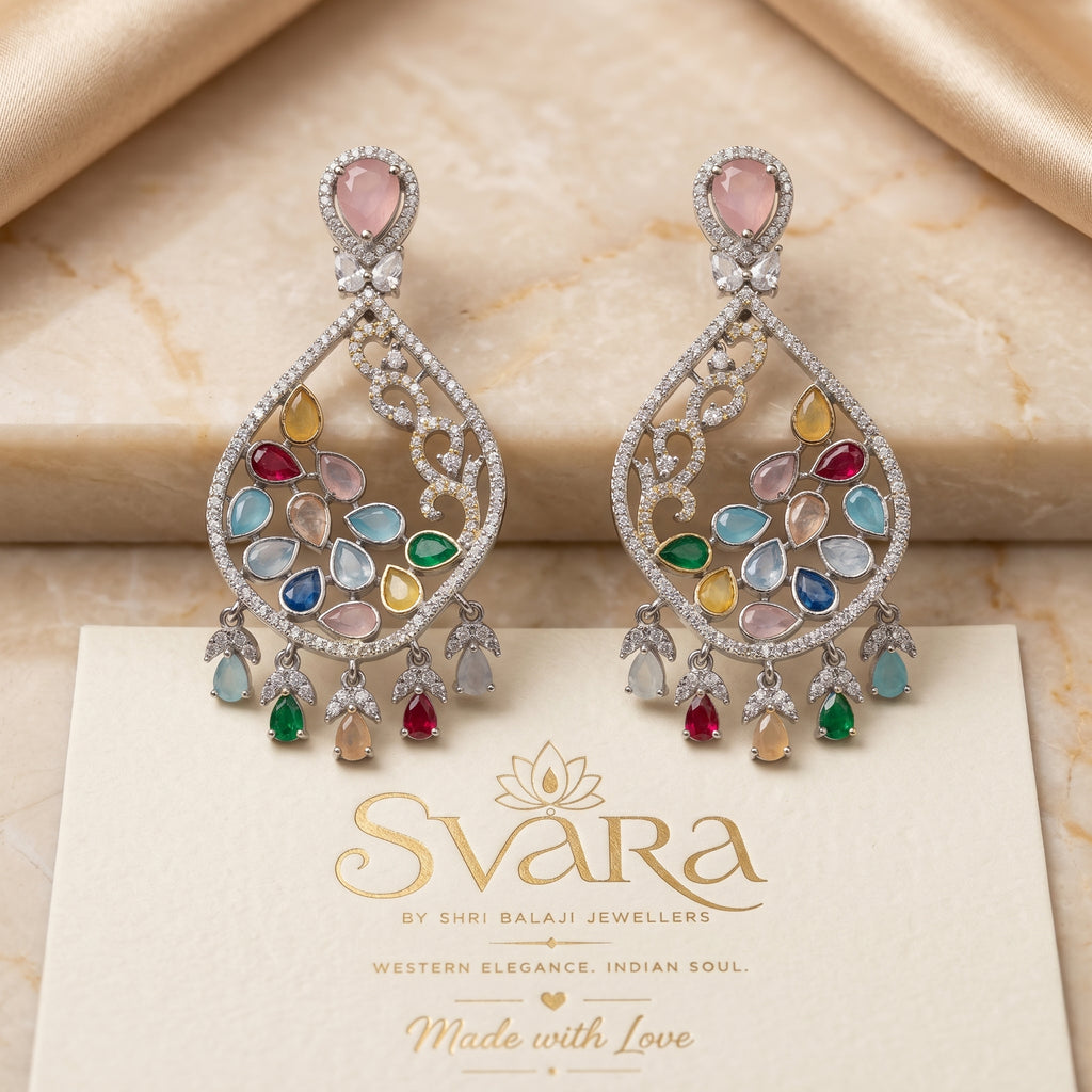 Silver CZ Multicolour Teardrop Filigree Chandelier Earrings
