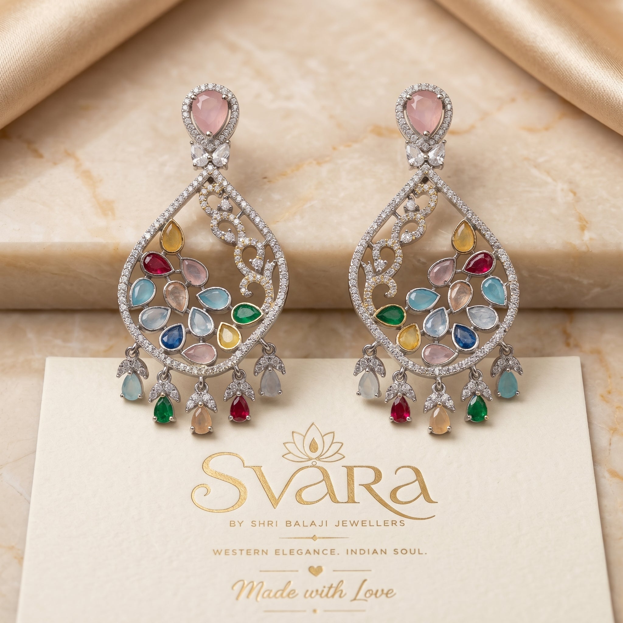 Silver CZ Multicolour Teardrop Filigree Chandelier Earrings